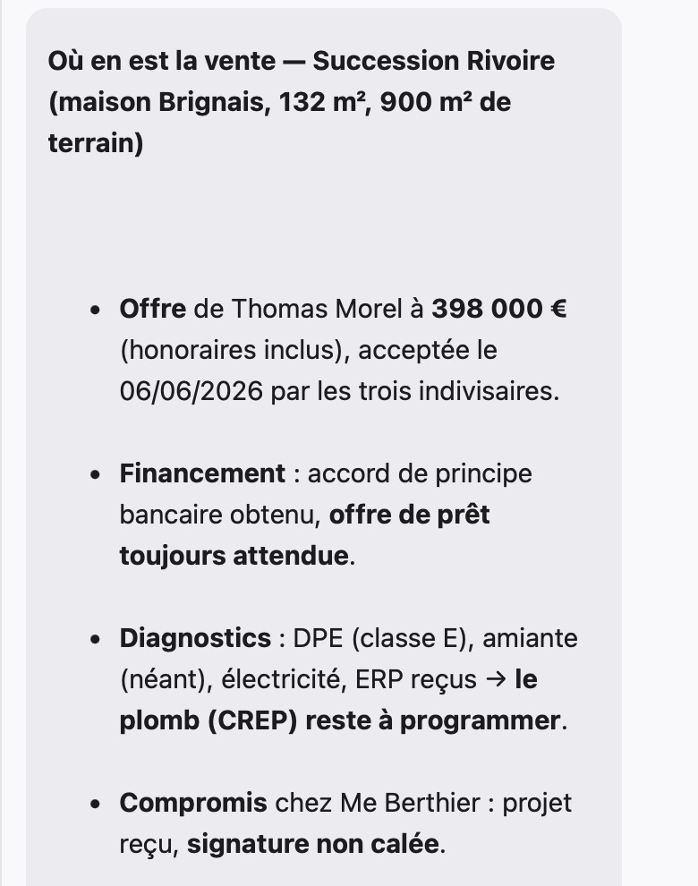L'application sur téléphone : l'assistant fait le point sur un dossier de vente.