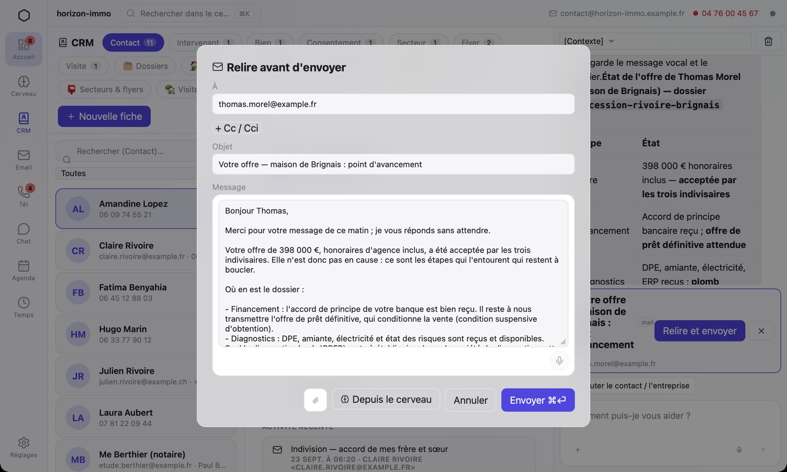 La fenêtre « Relire avant d'envoyer » : une réponse préparée par l'assistant.