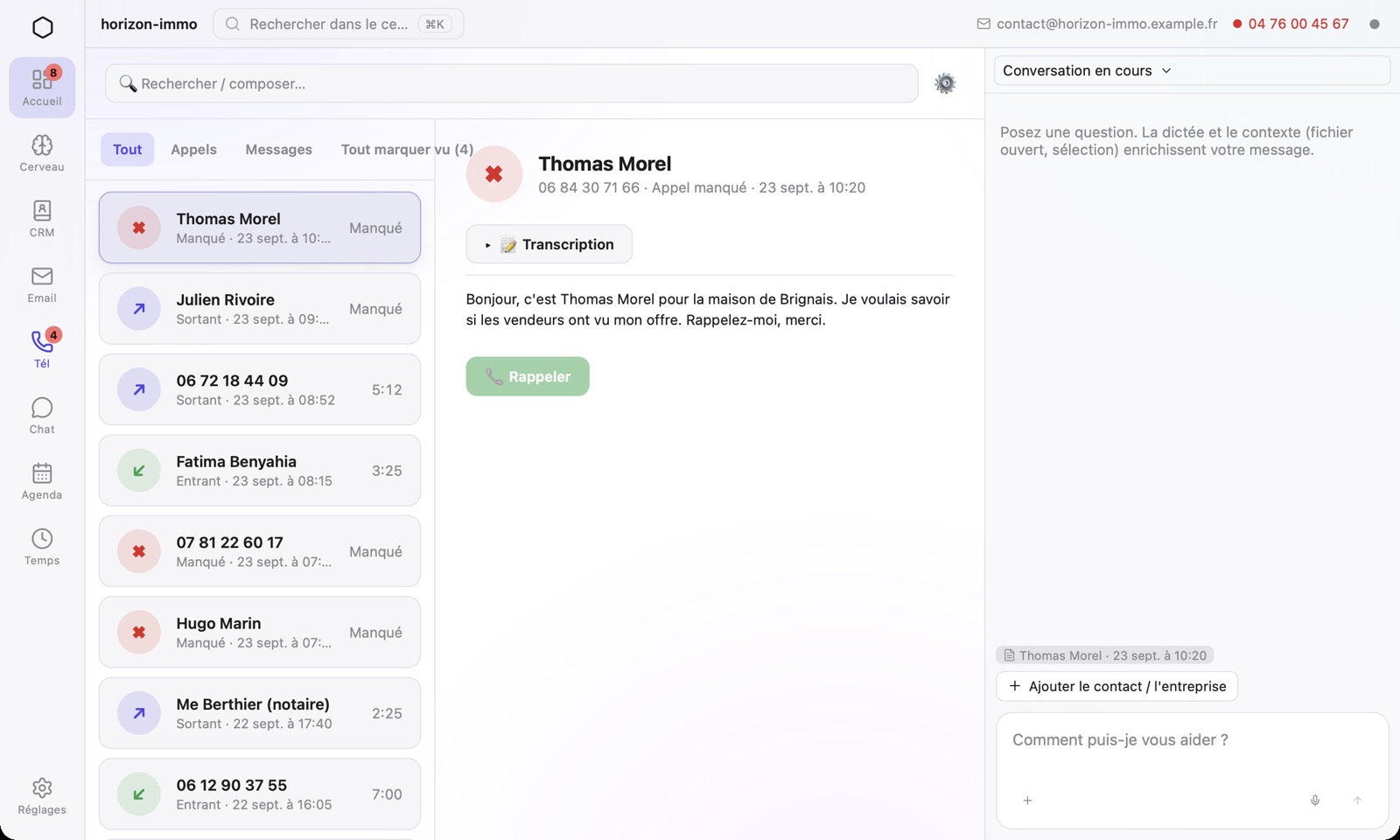 Le journal d'appels : un appel manqué retranscrit, avec un bouton Rappeler.